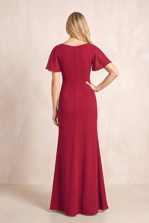 Burgundy V-Neck Sheath Chiffon Ruffled Short Sleeves Mother of the Bride Dress with Slit (2) | KISSBRIDAL