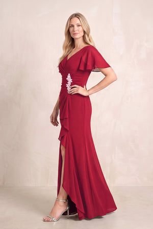 Burgundy V-Neck Sheath Chiffon Ruffled Short Sleeves Mother of the Bride Dress with Slit (3) | KISSBRIDAL