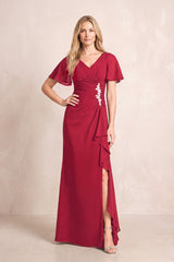 Burgundy V-Neck Sheath Chiffon Ruffled Short Sleeves Mother of the Bride Dress with Slit | KISSBRIDAL