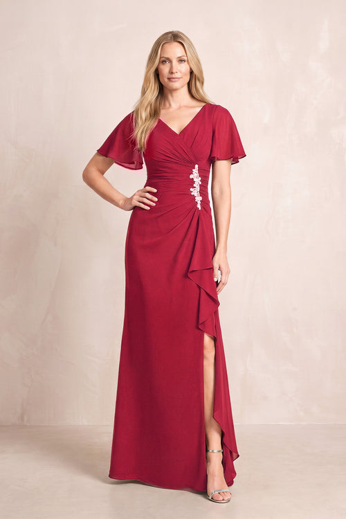Burgundy V-Neck Sheath Chiffon Ruffled Short Sleeves Mother of the Bride Dress with Slit | KISSBRIDAL