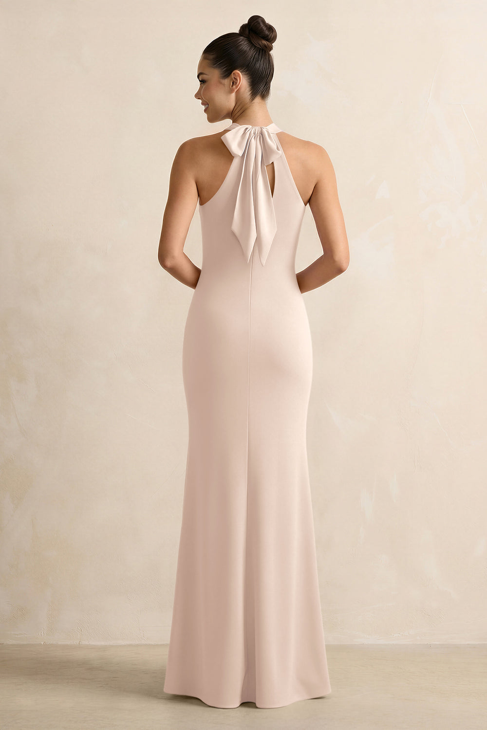 Crisscross Halter Sheath Satin Bridesmaid Dress with Bow in Buttercream