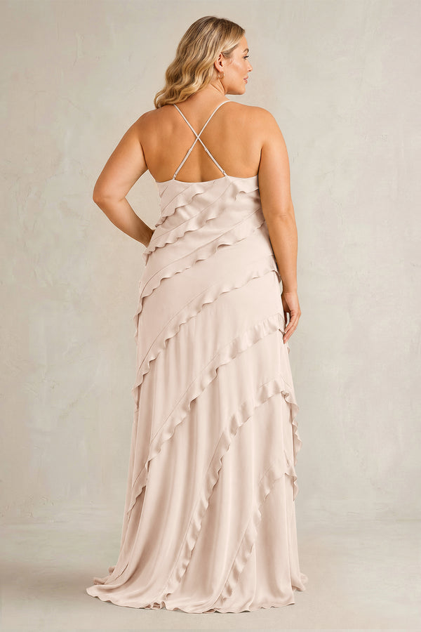 Buttercream Spaghetti Straps Sheath Stain Ruffled Bridesmaid Dress (2) | KISSBRIDAL[sizeplus]