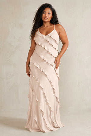 Buttercream Spaghetti Straps Sheath Stain Ruffled Bridesmaid Dress (3) | KISSBRIDAL[sizeplus]