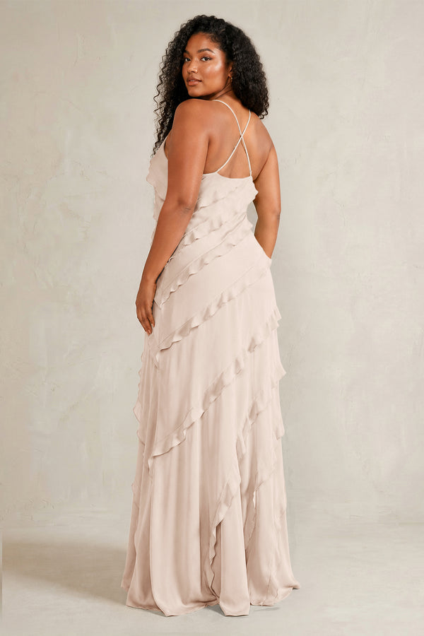 Buttercream Spaghetti Straps Sheath Stain Ruffled Bridesmaid Dress (4) | KISSBRIDAL[sizeplus]