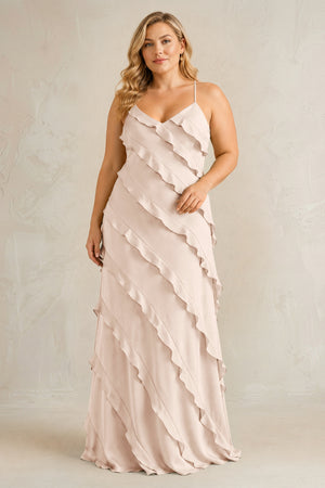 Buttercream Spaghetti Straps Sheath Stain Ruffled Bridesmaid Dress | KISSBRIDAL[sizeplus]