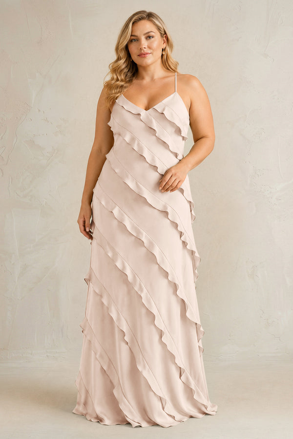 Buttercream Spaghetti Straps Sheath Stain Ruffled Bridesmaid Dress | KISSBRIDAL[sizeplus]