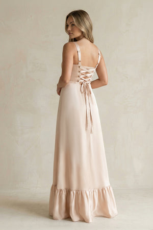 Buttercream Square Neck A-Line Ruffled Satin Bridesmaid Dress (2) | KISSBRIDAL
