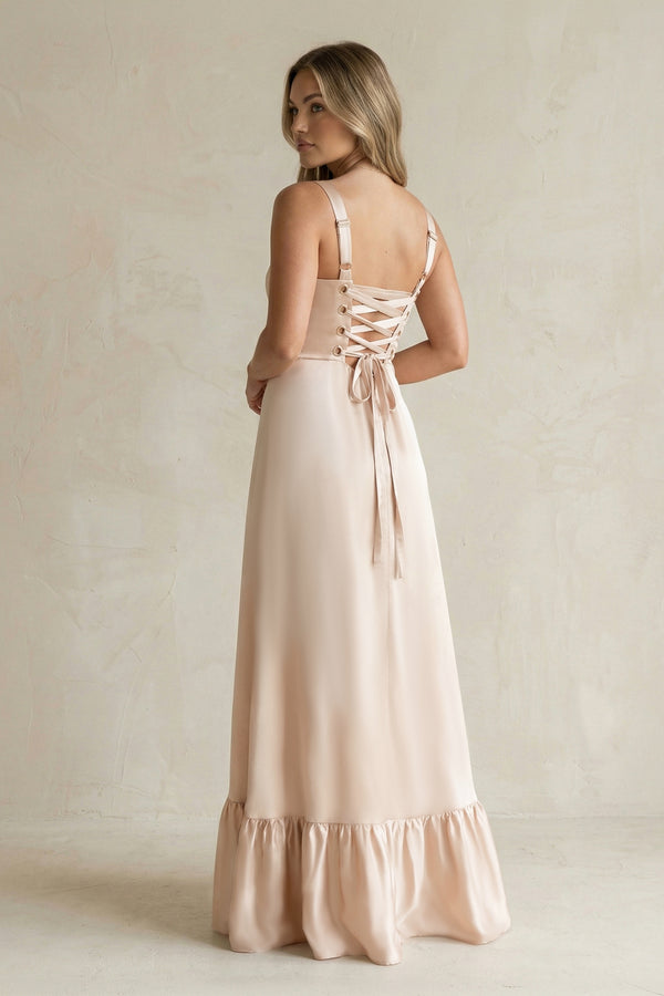 Buttercream Square Neck A-Line Ruffled Satin Bridesmaid Dress (2) | KISSBRIDAL