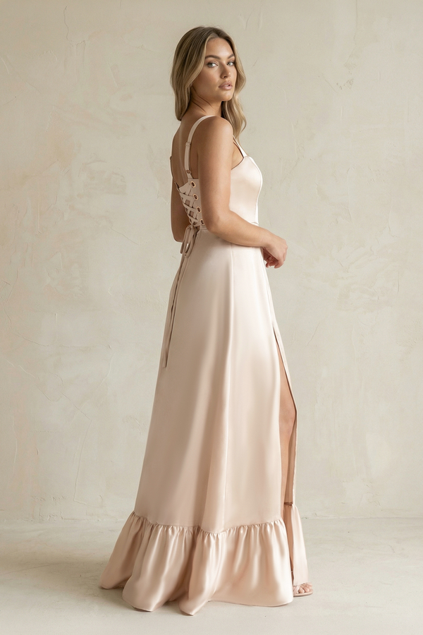 Buttercream Square Neck A-Line Ruffled Satin Bridesmaid Dress (3) | KISSBRIDAL