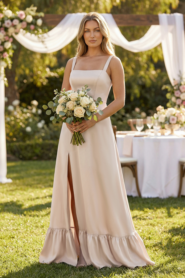 Buttercream Square Neck A-Line Ruffled Satin Bridesmaid Dress (4) | KISSBRIDAL