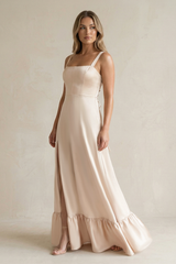Buttercream Square Neck A-Line Ruffled Satin Bridesmaid Dress | KISSBRIDAL