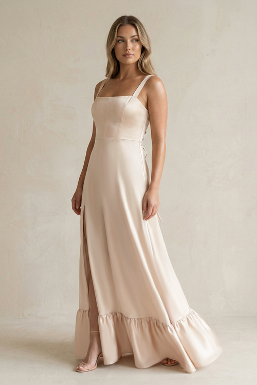 Buttercream Square Neck A-Line Ruffled Satin Bridesmaid Dress | KISSBRIDAL