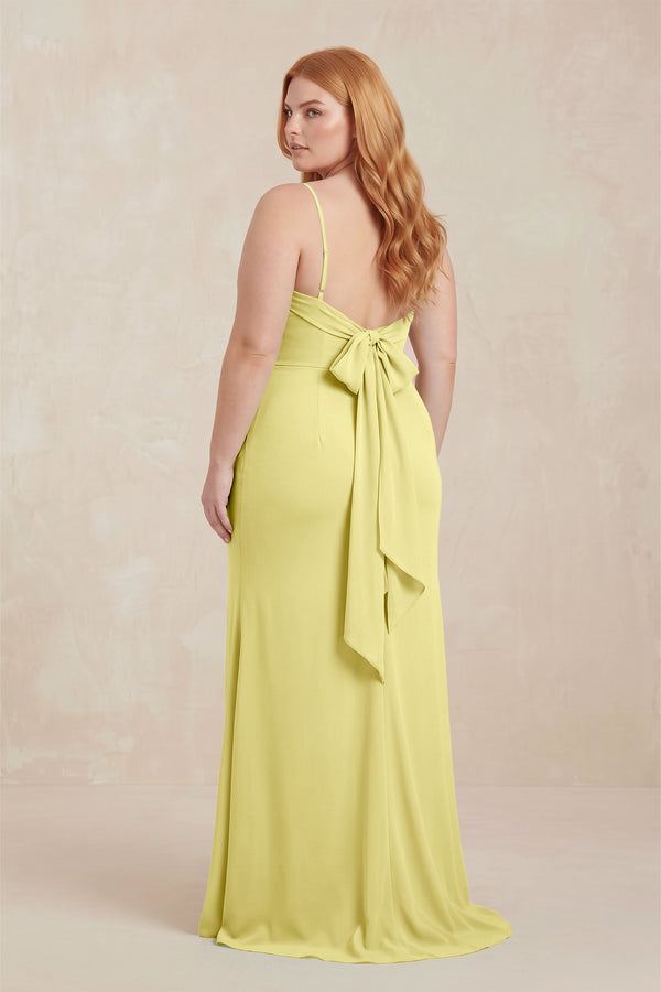 Buttercup Cowl Neck Sheath Chiffon Bridesmaid Dress with Corset (2) | KISSBRIDAL