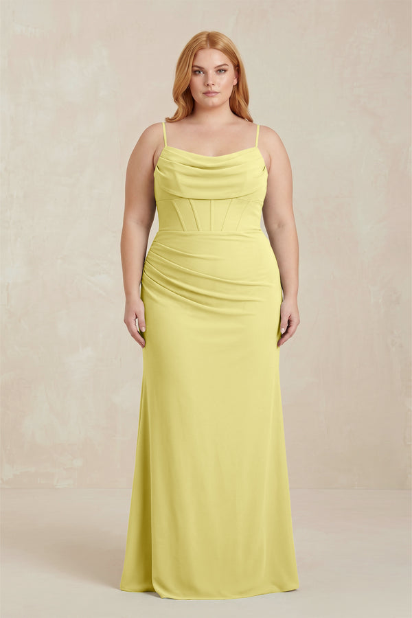 Buttercup Cowl Neck Sheath Chiffon Bridesmaid Dress with Corset | KISSBRIDAL