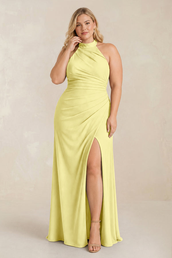 Buttercup High Neck Chiffon Sheath Ruched Bridesmaid Dress [sizeplus] | KISSBRIDAL