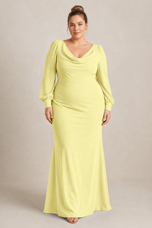 Buttercup Long Sleeve V-Neck Sheath Chiffon Bridesmaid Dress [sizeplus] | KISSBRIDAL