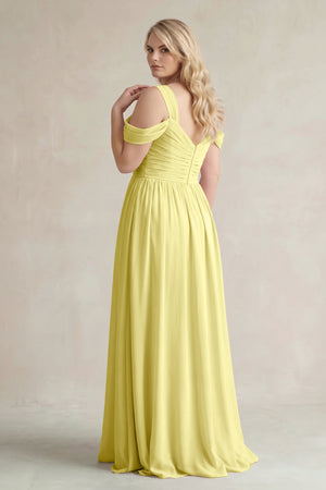 Buttercup Off-the-Shoulder A-Line Chiffon Bridesmaid Dress With Slit (2) | KISSBRIDAL