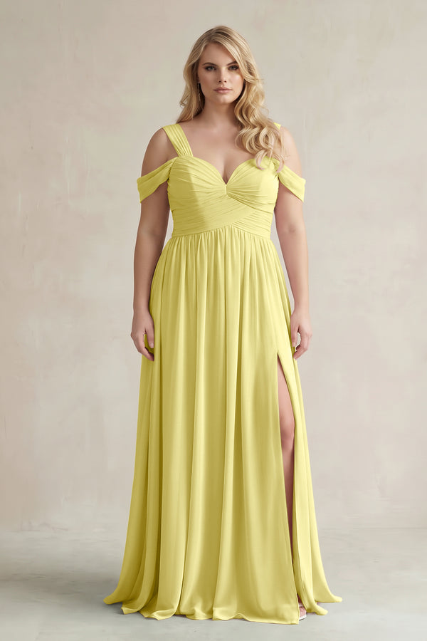 Buttercup Off-the-Shoulder A-Line Chiffon Bridesmaid Dress With Slit | KISSBRIDAL