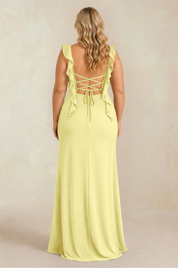 Buttercup Ruffled Sleeve Ruched Sheath Chiffon Bridesmaid Dress (2) [sizeplus] | KISSBRIDAL