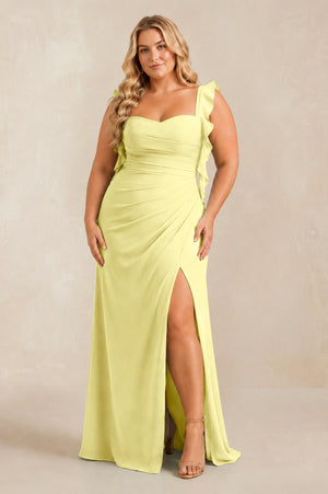 Buttercup Ruffled Sleeve Ruched Sheath Chiffon Bridesmaid Dress [sizeplus] | KISSBRIDAL