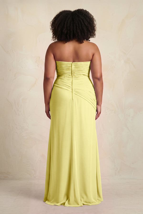 Buttercup Sheath Chiffon Strapless Pleated Bridesmaid Dress (2) | KISSBRIDAL[sizeplus]