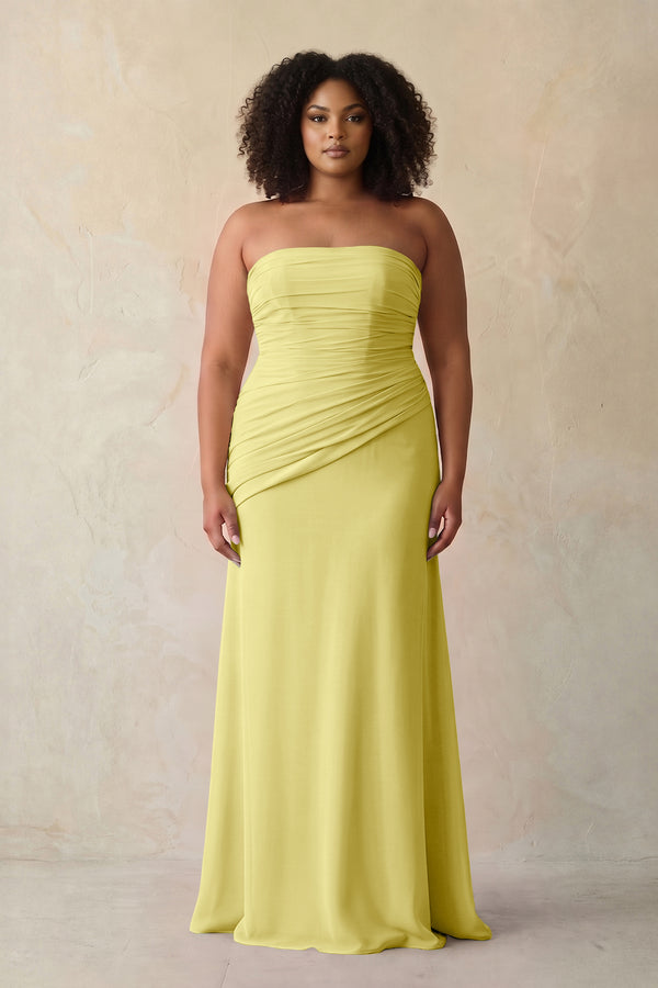 Buttercup Sheath Chiffon Strapless Pleated Bridesmaid Dress | KISSBRIDAL[sizeplus]