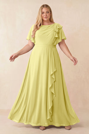 Buttercup Short Sleeves Bateau A-Line Chiffon Bridesmaid Dress [sizeplus] | KISSBRIDAL