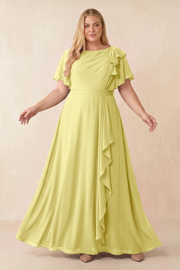 Buttercup Short Sleeves Bateau A-Line Chiffon Bridesmaid Dress [sizeplus] | KISSBRIDAL