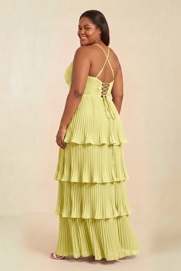 Buttercup Tiered Pleated V-Neck A-Line Chiffon Bridesmaid Dress (2) [sizeplus] | KISSBRIDAL