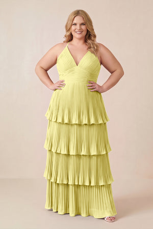 Buttercup Tiered Pleated V-Neck A-Line Chiffon Bridesmaid Dress (3) [sizeplus] | KISSBRIDAL