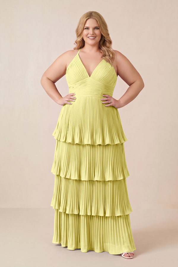 Buttercup Tiered Pleated V-Neck A-Line Chiffon Bridesmaid Dress (3) [sizeplus] | KISSBRIDAL