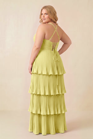 Buttercup Tiered Pleated V-Neck A-Line Chiffon Bridesmaid Dress (4) [sizeplus] | KISSBRIDAL