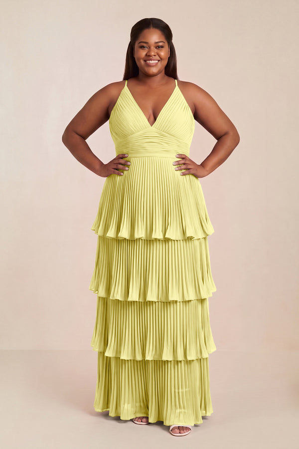 Buttercup Tiered Pleated V-Neck A-Line Chiffon Bridesmaid Dress [sizeplus] | KISSBRIDAL