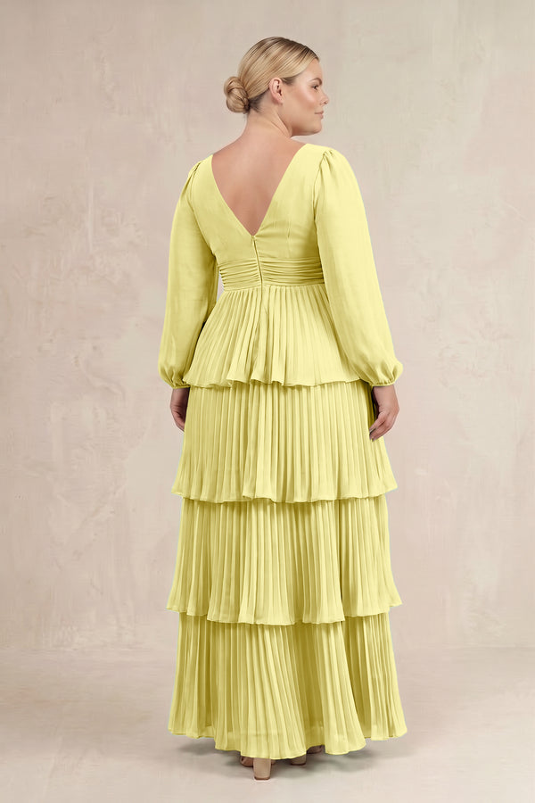 Buttercup V-Neck Tiered A-Line Long Sleeve Bridesmaid Dress (4) [sizeplus] | KISSBRIDAL