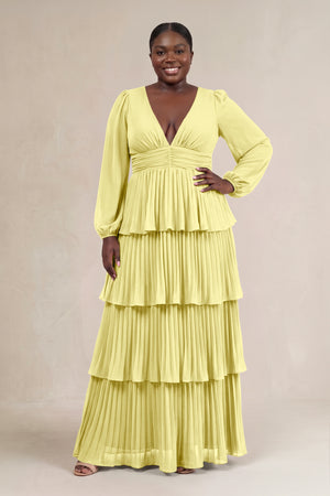 Buttercup V-Neck Tiered A-Line Long Sleeve Bridesmaid Dress [sizeplus] | KISSBRIDAL