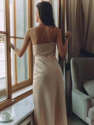 Mermaid  Gold Satin  V Neck Bridesmaid Dresses with Slit