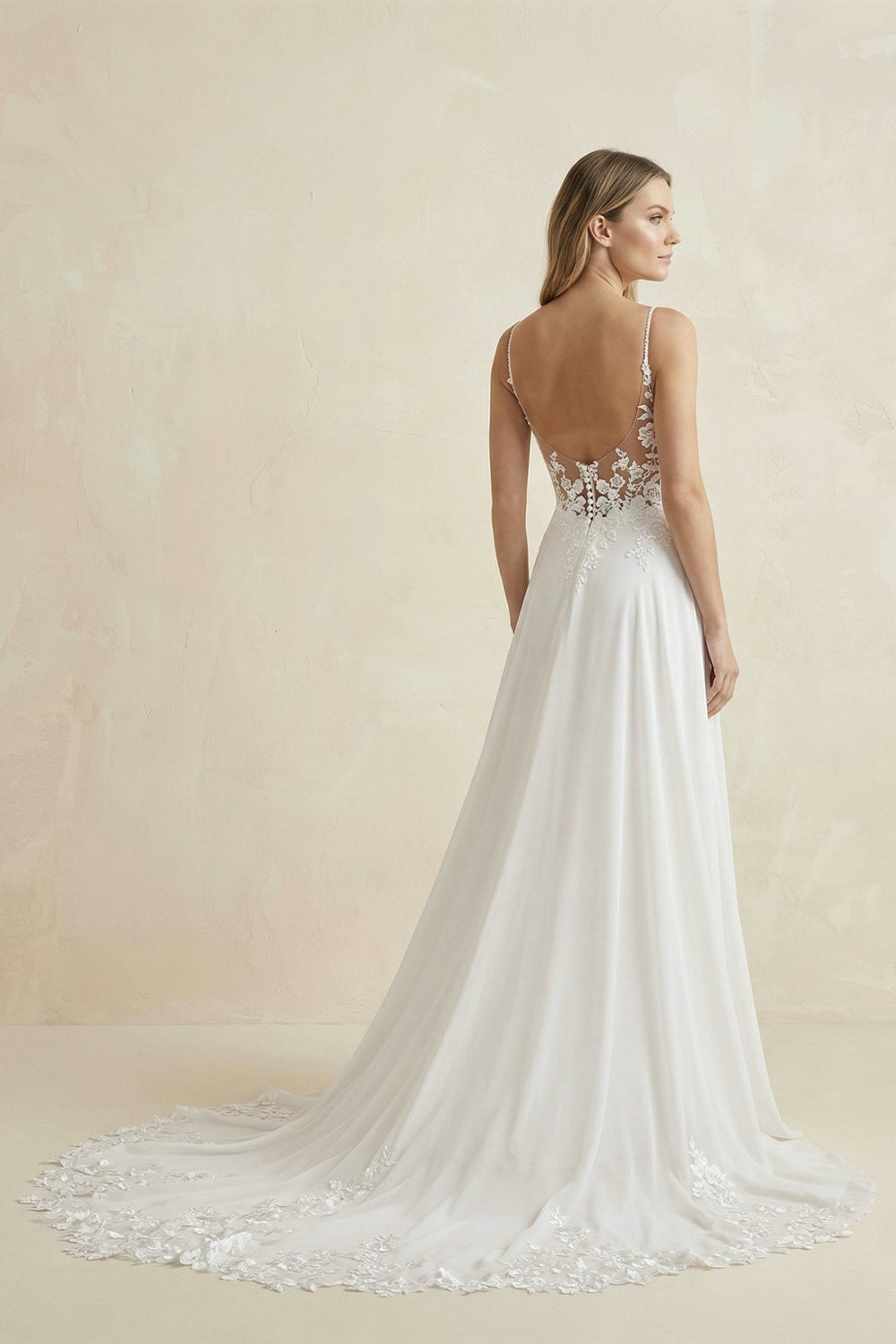Cami Strap A - Line Chiffon Appliqued Wedding Dress in White - KISS BRIDAL Wedding Dresses