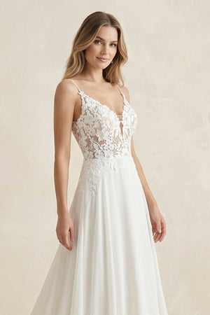 Cami Strap A - Line Chiffon Appliqued Wedding Dress in White - SHE IS ME Wedding Dresses