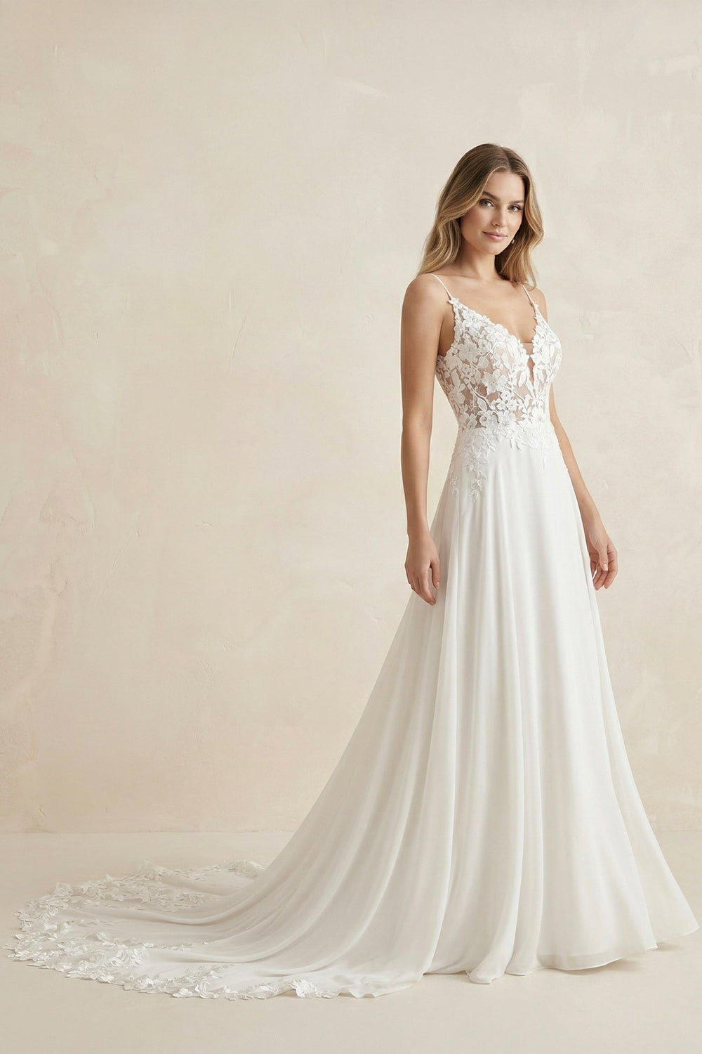 Cami Strap A - Line Chiffon Appliqued Wedding Dress in White - KISS BRIDAL Wedding Dresses