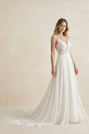 Cami Strap A - Line Chiffon Appliqued Wedding Dress in White - SHE IS ME Wedding Dresses