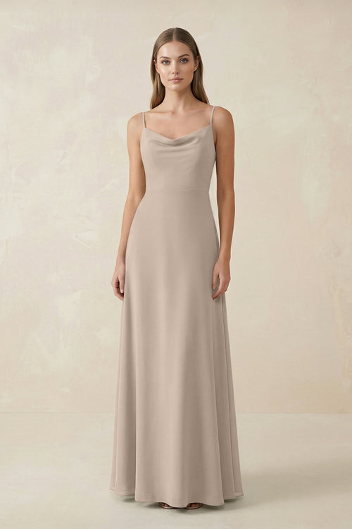 Cami Strap A - Line Chiffon Bridesmaid Dress in Almond - SHE IS ME Bridesmaid Dresses