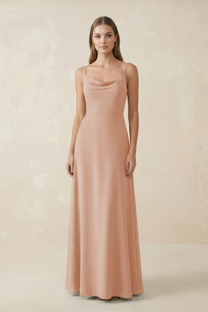 Cami Strap A - Line Chiffon Bridesmaid Dress in Champagne Rose - SHE IS ME Bridesmaid Dresses
