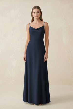 Cami Strap A - Line Chiffon Bridesmaid Dress in Dark Navy - SHE IS ME Bridesmaid Dresses