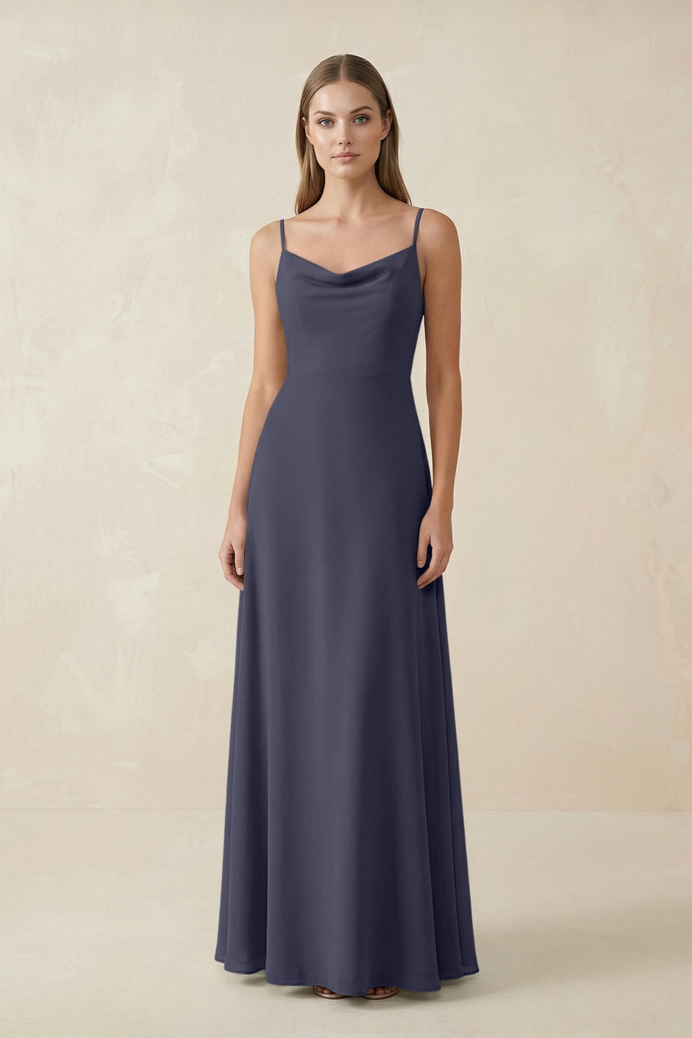 Cami Strap A - Line Chiffon Bridesmaid Dress in Dusk Blue - SHE IS ME Bridesmaid Dresses