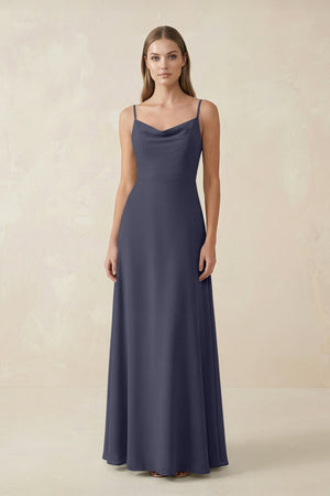 Cami Strap A - Line Chiffon Bridesmaid Dress in Dusk Blue - SHE IS ME Bridesmaid Dresses