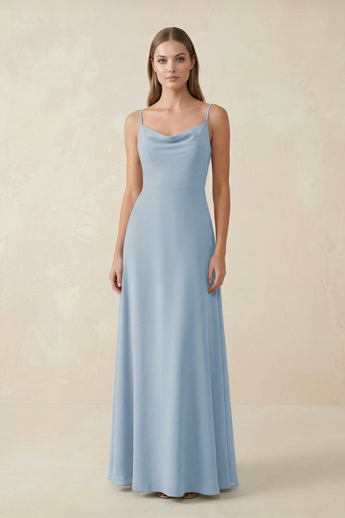 Cami Strap A - Line Chiffon Bridesmaid Dress in Dusty Blue - SHE IS ME Bridesmaid Dresses