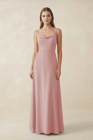 Cami Strap A - Line Chiffon Bridesmaid Dress in Dusty Rose - SHE IS ME Bridesmaid Dresses