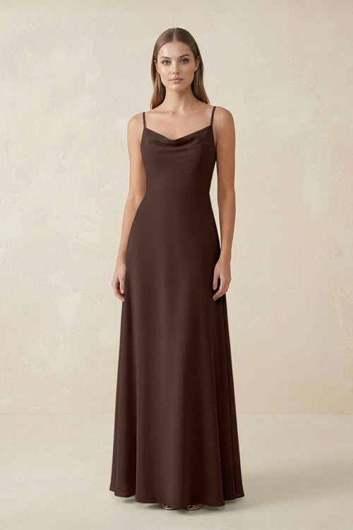 Cami Strap A - Line Chiffon Bridesmaid Dress in Espresso - SHE IS ME Bridesmaid Dresses