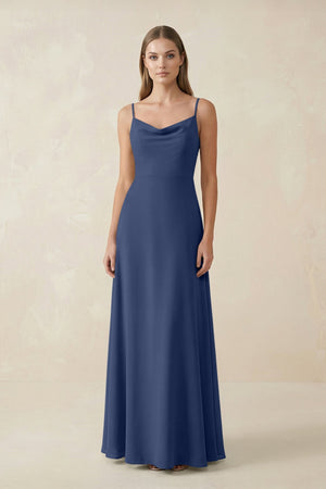 Cami Strap A - Line Chiffon Bridesmaid Dress in Navy - SHE IS ME Bridesmaid Dresses