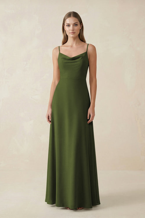 Cami Strap A - Line Chiffon Bridesmaid Dress in Olive - SHE IS ME Bridesmaid Dresses